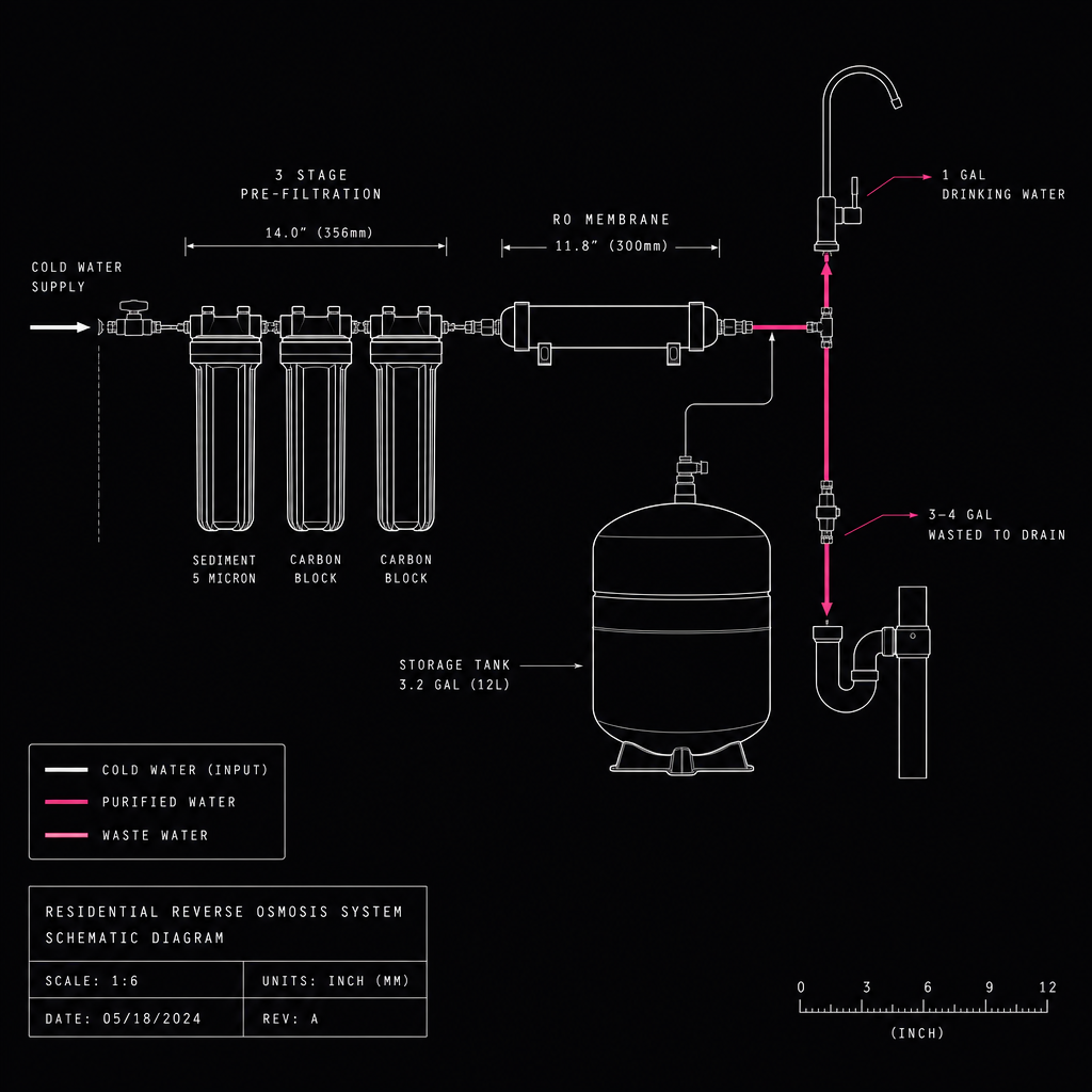 Schematic of a residential reverse osmosis system showing 1 gallon of drinking water delivered while 3 to 4 gallons are wasted to drain