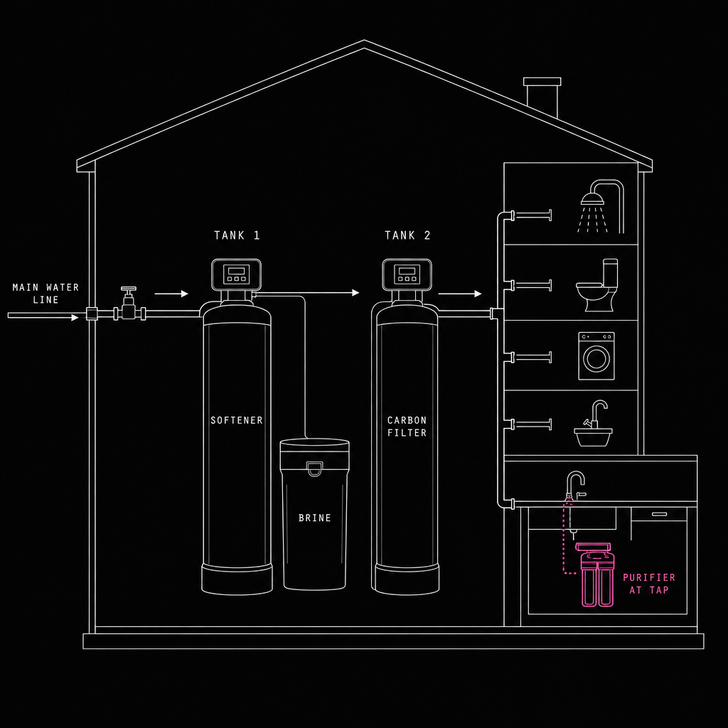 Whole home water treatment diagram showing the main line feeding a softener resin tank and brine tank, then a carbon filter tank, then the rest of the house, with a drinking water purifier at the kitchen tap