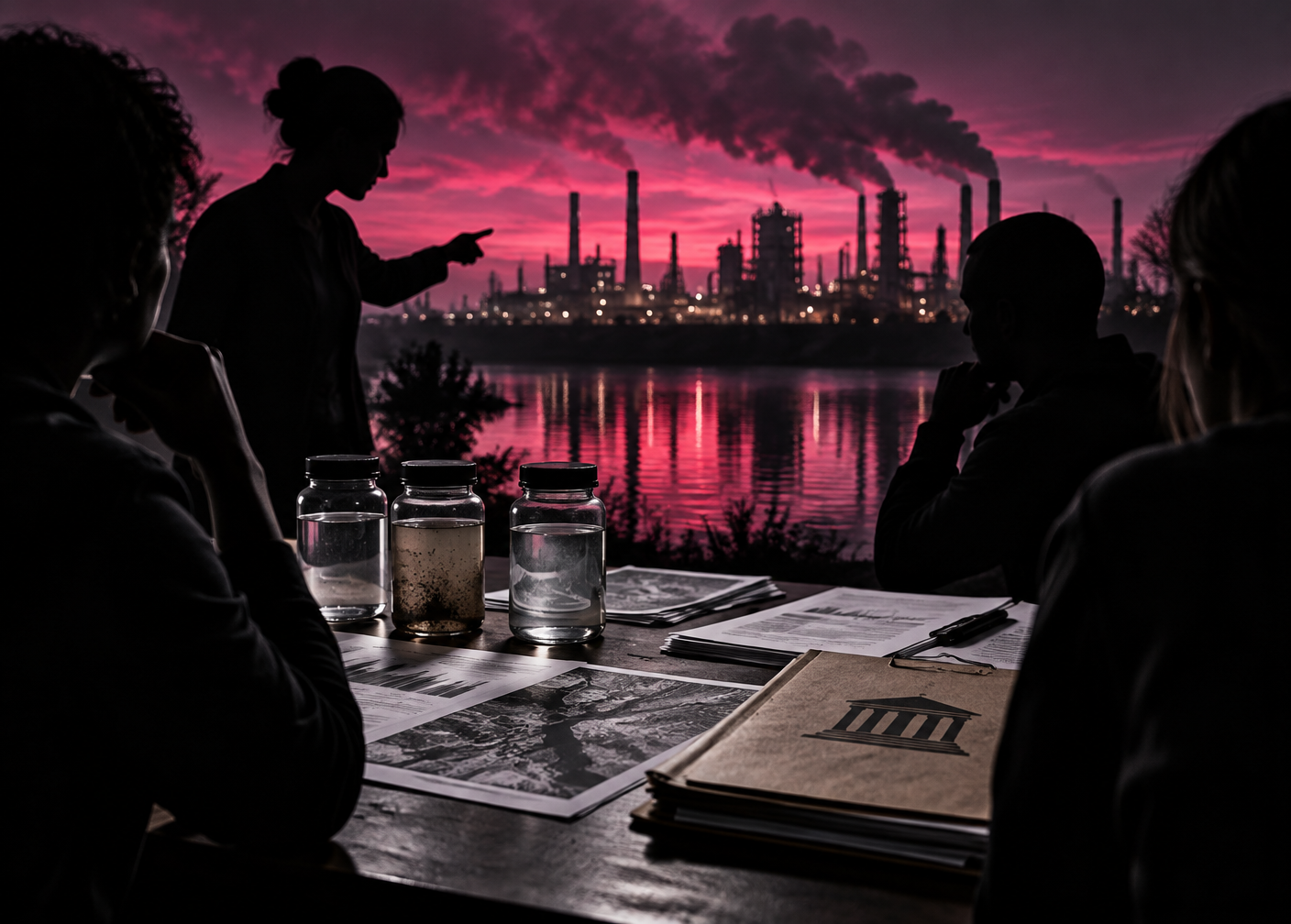 Anonymous community advocates review water samples and evidence near an industrial river